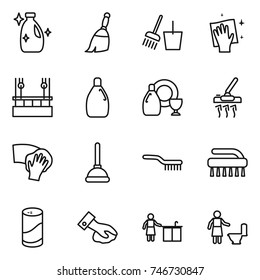thin line icon set : cleanser, broom, bucket and, wiping, skysrcapers cleaning, dish, vacuum cleaner, plunger, brush, powder, kitchen, toilet