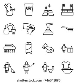 thin line icon set : cleanser, uv cream, clean floor, skysrcapers cleaning, dish, wiping, plunger, brush, powder, kitchen, brooming, woman with duster, toilet, handle washing