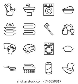 thin line icon set : cleanser, sink, washing machine, plate, towel, tooth brush, dish, wiping, sponge with foam, basin, powder, floor