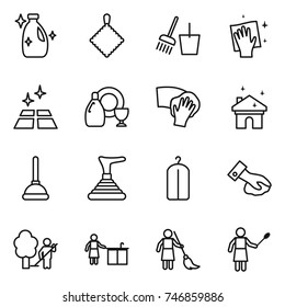thin line icon set : cleanser, rag, bucket and broom, wiping, clean floor, dish, house cleaning, plunger, dry wash, garden, kitchen, brooming, woman with duster