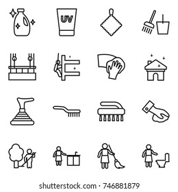 thin line icon set : cleanser, uv cream, rag, bucket and broom, skysrcapers cleaning, skyscrapers, wiping, house, plunger, brush, garden, kitchen, brooming, toilet