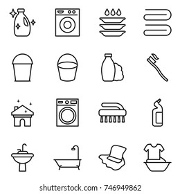 thin line icon set : cleanser, washing machine, plate, towel, bucket, shampoo, tooth brush, house cleaning, toilet, water tap sink, bath, floor, handle