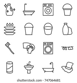 thin line icon set : cleanser, bath, washing machine, bucket, plate, shampoo, tooth brush, wiping, drying clothe, powder, water tap sink, floor