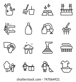 thin line icon set : cleanser, bucket and broom, clean floor, skysrcapers cleaning, skyscrapers, dish, vacuum cleaner, wiping, house, plunger, brush, garden, kitchen, brooming, handle washing