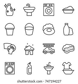 thin line icon set : cleanser, sink, washing machine, bucket, soap, shampoo, wiping, house cleaning, car wash, sponge with foam, toilet, water tap, handle