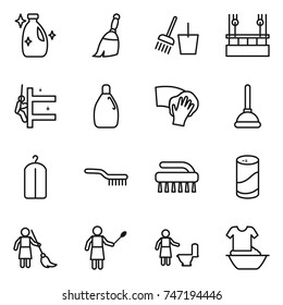 thin line icon set : cleanser, broom, bucket and, skysrcapers cleaning, skyscrapers, wiping, plunger, dry wash, brush, powder, brooming, woman with duster, toilet, handle washing