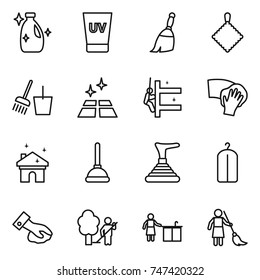 thin line icon set : cleanser, uv cream, broom, rag, bucket and, clean floor, skyscrapers cleaning, wiping, house, plunger, dry wash, garden, kitchen, brooming