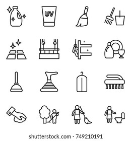 thin line icon set : cleanser, uv cream, broom, bucket and, clean floor, skysrcapers cleaning, skyscrapers, dish, plunger, dry wash, brush, wiping, garden, brooming, toilet