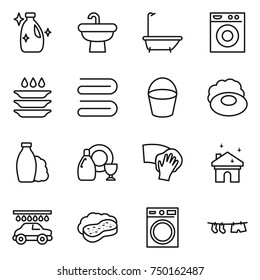 thin line icon set : cleanser, sink, bath, washing machine, plate, towel, bucket, soap, shampoo, dish, wiping, house cleaning, car wash, sponge with foam, drying clothe