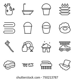 thin line icon set : cleanser, bath, bucket, plate washing, towel, soap, tooth brush, dish, house cleaning, car wash, sponge with foam, drying clothe, floor
