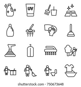 thin line icon set : cleanser, uv cream, bucket and broom, clean floor, vacuum cleaner, wiping, plunger, dry wash, brush, garden cleaning, kitchen, brooming, toilet, handle washing