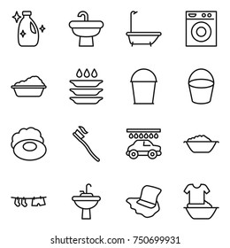 thin line icon set : cleanser, sink, bath, washing machine, plate, bucket, soap, tooth brush, car wash, foam basin, drying clothe, water tap, floor, handle