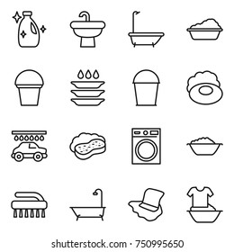 thin line icon set : cleanser, sink, bath, washing, bucket, plate, soap, car wash, sponge with foam, machine, basin, brush, floor, handle