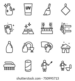 thin line icon set : cleanser, uv cream, broom, rag, wiping, clean floor, skysrcapers cleaning, skyscrapers, dish, house, brush, powder, woman with duster, toilet