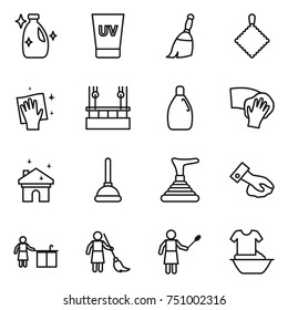 thin line icon set : cleanser, uv cream, broom, rag, wiping, skysrcapers cleaning, house, plunger, kitchen, brooming, woman with duster, handle washing
