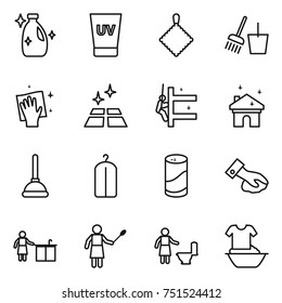 thin line icon set : cleanser, uv cream, rag, bucket and broom, wiping, clean floor, skyscrapers cleaning, house, plunger, dry wash, powder, kitchen, woman with duster, toilet, handle washing