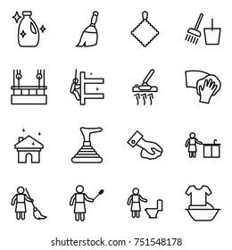 thin line icon set : cleanser, broom, rag, bucket and, skysrcapers cleaning, skyscrapers, vacuum cleaner, wiping, house, plunger, kitchen, brooming, woman with duster, toilet, handle washing