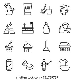 thin line icon set : cleanser, uv cream, bucket and broom, wiping, clean floor, skysrcapers cleaning, dish, vacuum cleaner, house, plunger, brush, powder, woman with duster, handle washing