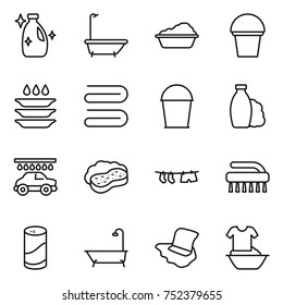 thin line icon set : cleanser, bath, washing, bucket, plate, towel, shampoo, car wash, sponge with foam, drying clothe, brush, powder, floor, handle