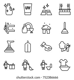 thin line icon set : cleanser, uv cream, clean floor, skysrcapers cleaning, skyscrapers, dish, house, plunger, dry wash, wiping, garden, kitchen, brooming, toilet, handle washing