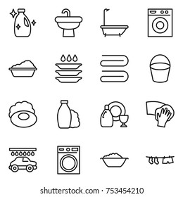 thin line icon set : cleanser, sink, bath, washing machine, plate, towel, bucket, soap, shampoo, dish, wiping, car wash, foam basin, drying clothe