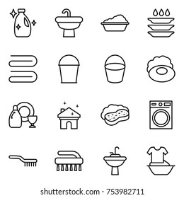 thin line icon set : cleanser, sink, washing, plate, towel, bucket, soap, dish, house cleaning, sponge with foam, machine, brush, water tap, handle