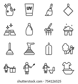 thin line icon set : cleanser, uv cream, broom, rag, clean floor, vacuum cleaner, house cleaning, plunger, dry wash, garden, kitchen, woman with duster, toilet, handle washing
