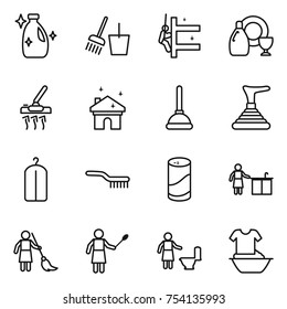 thin line icon set : cleanser, bucket and broom, skyscrapers cleaning, dish, vacuum cleaner, house, plunger, dry wash, brush, powder, kitchen, brooming, woman with duster, toilet, handle washing