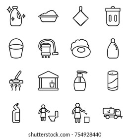 thin line icon set : cleanser, washing, rag, trash bin, bucket, vacuum cleaner, soap, utility room, liquid, powder, toilet, cleaning, garbage, home call