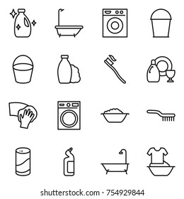 thin line icon set : cleanser, bath, washing machine, bucket, shampoo, tooth brush, dish, wiping, foam basin, powder, toilet, handle