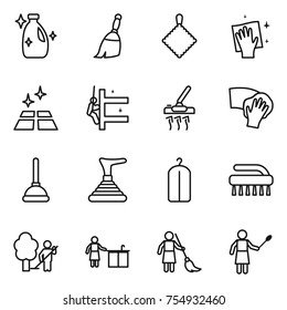 thin line icon set : cleanser, broom, rag, wiping, clean floor, skyscrapers cleaning, vacuum cleaner, plunger, dry wash, brush, garden, kitchen, brooming, woman with duster