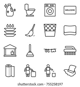 thin line icon set : cleanser, toilet, washing machine, welcome mat, plate, broom, trash bin, sponge, utility room, plunger, drying clothe, brush, paper towel, garbage, floor