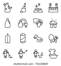 Thin line icon set : cleanser, broom, clean floor, skysrcapers cleaning, dish, wiping, house, dry wash, powder, garden, brooming, woman with duster, toilet, handle washing