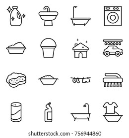 Thin line icon set : cleanser, sink, bath, washing machine, bucket, house cleaning, car wash, sponge with foam, basin, drying clothe, brush, powder, toilet, handle