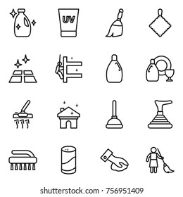 Thin line icon set : cleanser, uv cream, broom, rag, clean floor, skyscrapers cleaning, dish, vacuum cleaner, house, plunger, brush, powder, wiping, brooming Thin line icon set : cleanser, uv cream, broom, rag, clean floor, skyscrapers cleaning, dish, vacuum cleaner, house, plunger, brush, powder, wiping, brooming