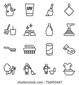 Thin line icon set : cleanser, uv cream, broom, rag, bucket and, clean floor, plunger, brush, powder, wiping, garden cleaning, brooming, toilet, handle washing