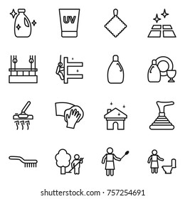 Thin line icon set : cleanser, uv cream, rag, clean floor, skysrcapers cleaning, skyscrapers, dish, vacuum cleaner, wiping, house, plunger, brush, garden, woman with duster, toilet