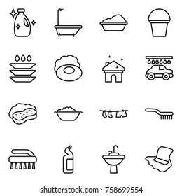 Thin line icon set : cleanser, bath, washing, bucket, plate, soap, house cleaning, car wash, sponge with foam, basin, drying clothes, brush, toilet, water tap sink, floor