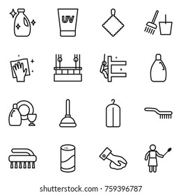 Thin line icon set : cleanser, uv cream, rag, bucket and broom, wiping, skysrcapers cleaning, skyscrapers, dish, plunger, dry wash, brush, powder, woman with duster