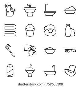 Thin line icon set : cleanser, sink, bath, washing, towel, bucket, soap, shampoo, tooth brush, wiping, foam basin, drying clothe, powder, water tap, floor