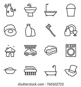 Thin line icon set : cleanser, sink, bath, bucket, soap, shampoo, tooth brush, dish, house cleaning, car wash, sponge with foam, washing machine, basin, floor