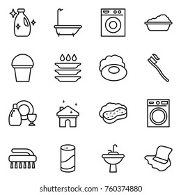 Thin line icon set : cleanser, bath, washing machine, bucket, plate, soap, tooth brush, dish, house cleaning, sponge with foam, powder, water tap sink, floor