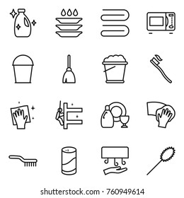 Thin line icon set : cleanser, plate washing, towel, microwave oven, bucket, broom, foam, tooth brush, wiping, skyscrapers cleaning, dish, powder, hand dryer, duster