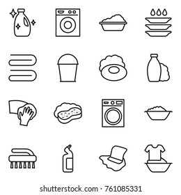 Thin line icon set : cleanser, washing machine, plate, towel, bucket, soap, shampoo, wiping, sponge with foam, basin, brush, toilet, floor, handle