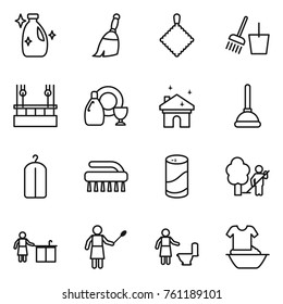 Thin line icon set : cleanser, broom, rag, bucket and, skysrcapers cleaning, dish, house, plunger, dry wash, brush, powder, garden, kitchen, woman with duster, toilet, handle washing