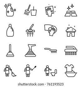 Thin line icon set : cleanser, bucket and broom, wiping, clean floor, vacuum cleaner, house cleaning, plunger, brush, brooming, woman with duster, toilet, handle washing