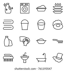 Thin line icon set : cleanser, washing machine, plate, towel, bucket, soap, shampoo, wiping, foam basin, brush, water tap sink, bath, floor