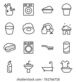 Thin line icon set : cleanser, washing machine, bucket, soap, dish, house cleaning, sponge with foam, brush, powder, toilet, water tap sink, bath, handle