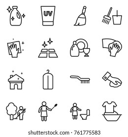 Thin Line Icon Set : Cleanser, Uv Cream, Broom, Bucket And, Wiping, Clean Floor, Dish, House Cleaning, Dry Wash, Brush, Garden, Woman With Duster, Toilet, Handle Washing