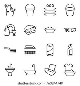 Thin line icon set : cleanser, bucket, plate washing, dish, sponge with foam, basin, drying clothe, brush, powder, toilet, water tap sink, bath, floor, handle